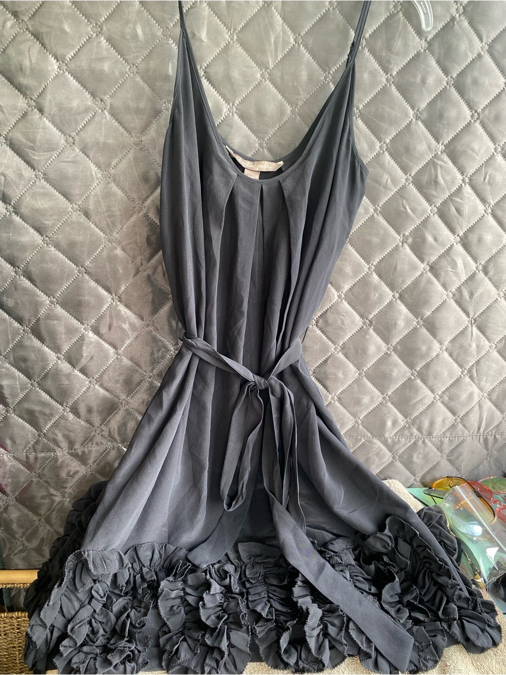 Charlie Jade 100% Silk Ruffle Slip Dress Charcoal Gray Grey Tie Waist S